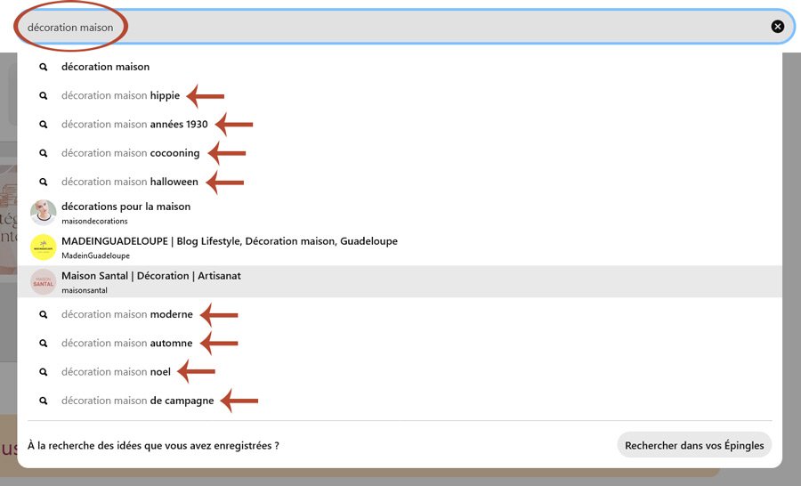 mots clés suggérés par la barre de recherche pinterest