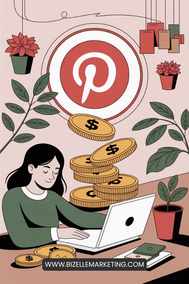 dessin femme sur son ordinateur et sur pinterest pour gagner de l'argent avec l'affiliation
