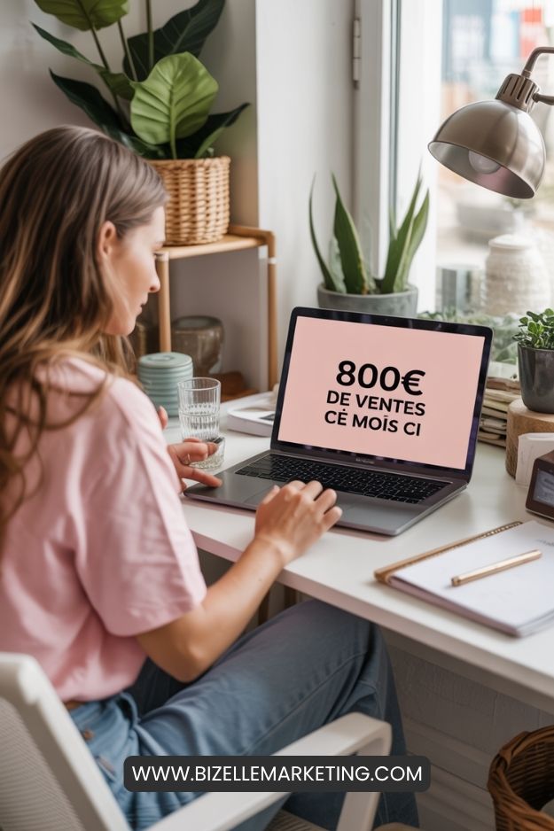 photo d'une femme sur ordinateur avec écran qui dit 800 euros de ventes ce mois ci