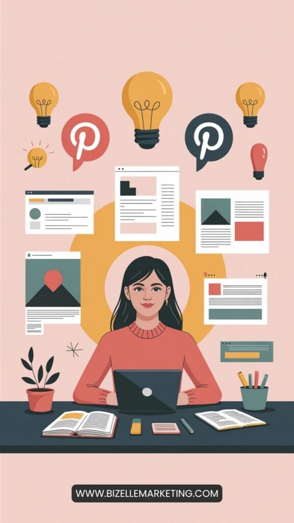 dessin réprésentant une femme devant son ordinateur avec tout l'univers de pinterest autour